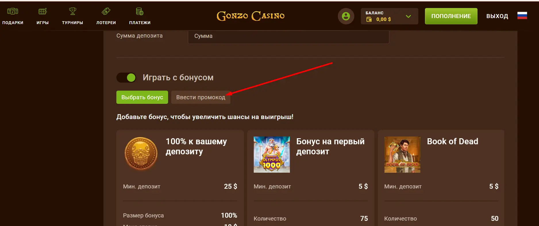 Пополнение счета в Gonzo Casino